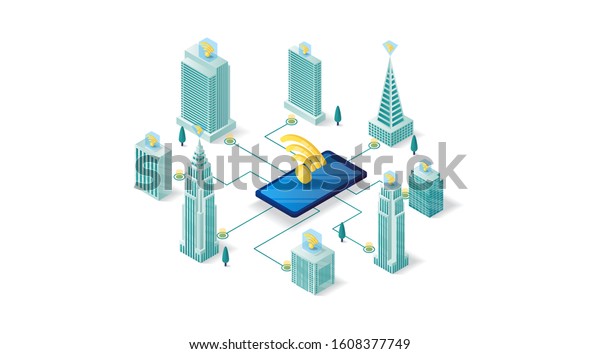 smart city isometric illustration\
design.smart city controlled by smart phone and\
gadget