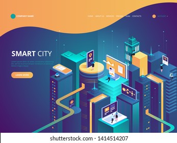 Smart city isometric illustration. Intelligent buildings. Streets of the city connected to computer network. Internet of things concept. Business center with skyscrapers. 