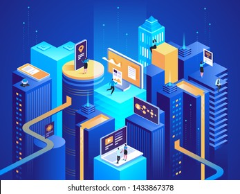 Smart city isometric illustration. Intelligent buildings. Streets of the city connected to computer network. Internet of things concept. Business center with skyscrapers. 