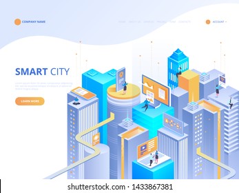 Smart city isometric illustration. Intelligent buildings. Streets of the city connected to computer network. Internet of things concept. Business center with skyscrapers. 