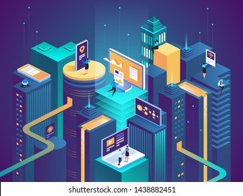 Smart city isometric illustration. Intelligent buildings. Streets of the city connected to computer network. Internet of things concept. Business center with skyscrapers. 