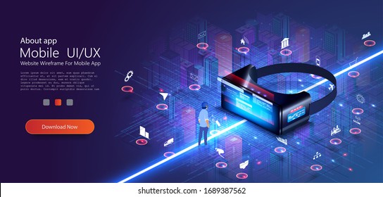 Smart city isometric illustration. Intelligent buildings. Internet of things modern operation by vr glasses innovation technology concept. Wireless communication augmented reality network IOT ICT.