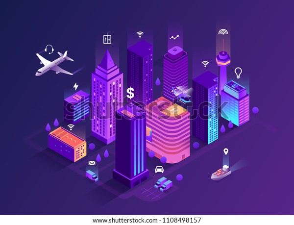 Smart city\
isometric illustration. Intelligent buildings. Streets of the city\
connected to computer network. Internet of things concept. Business\
center with skyscrapers. Eps\
10