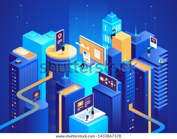 Smart city isometric\
illustration. Intelligent buildings. Streets of the city connected\
to computer network. Internet of things concept. Business center\
with skyscrapers. 