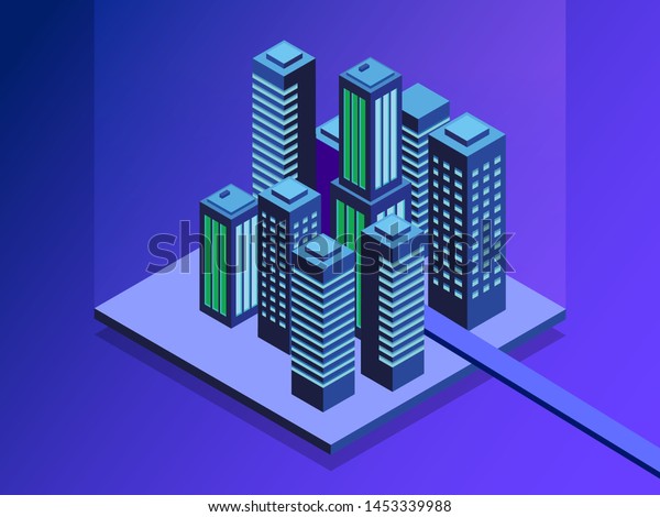 Smart city\
isometric illustration. Intelligent buildings. Streets of the city\
connected to computer network. Internet of things concept. Business\
center with skyscrapers. Eps\
10