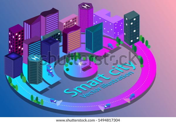 Smart city\
isometric illustration. Intelligent building. The streets of the\
city are connected to a computer network. The concept of the\
Internet of things. Vector\
illustration.