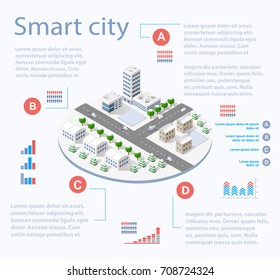 Smart city isometric infographics with skyscrapers, buildings and roads. Concept of urban development and statistics in graphic illustrations