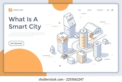 Smart City isometric landing page template. Technological development of town area and infrastructure. Safe and comfortable place 3d linear vector illustration. Editable element for app creation