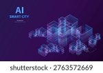 Smart city isometric technology background. Future AI neon lines buildings vector. Digital futuristic intelligence high tech city design banner.
