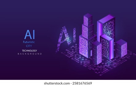 Smart city isometric technology background. Future ai urban neon light buildings vector. Digital futuristic intelligence high tech city design banner.