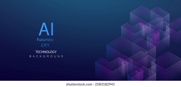 Smart city isometric technology background. Future ai urban neon light buildings vector. Digital futuristic intelligence high tech city design banner.