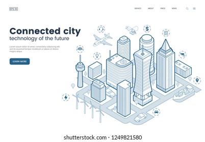 Smart city isometric thin line illustration. Intelligence buildings. Streets of the city connected to computer network. Urban infrastructure. Business center with skyscrapers. Vector eps 10.