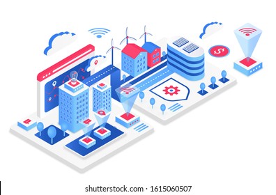 Smart city isometric vector illustration. White virtual cityscape. Internet of things and IT. Futuristic communication and infrastructure. Innovative technology cartoon conceptual design element