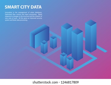 Smart city isometry vector illustration.  Presentation of innovative technologies.  City segment on a bright background, high-rise buildings and the road