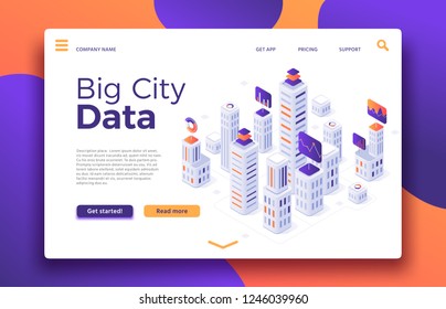 Smart City landing. Business office building rating, real estate agency or buildings rental property. digital urban intelligent smart area or virtual skyscraper isometric vector illustration