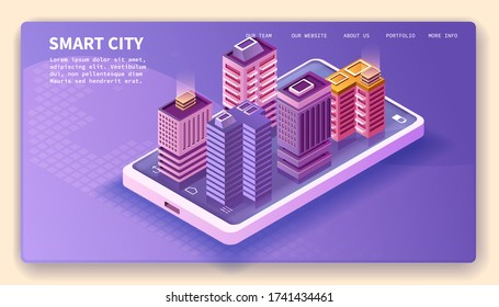 Smart city. Landing page design. Smartphone with buildings and city structure. Vector isometric illustration.