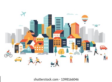 Smart city, landscape city centre with many building, airplane is flying in the sky and people walking, running in park. Vector illustration