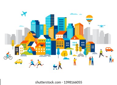 Smart city, landscape city centre with many building, airplane is flying in the sky and people walking, running in park. Vector illustration