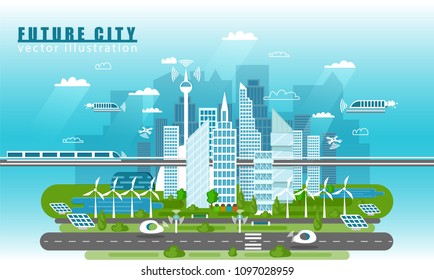 Smart city landscape of the future vector concept illustration in flat style. City urban skyline with modern technologies and self-driving cars. Future infrastructure and transportation.