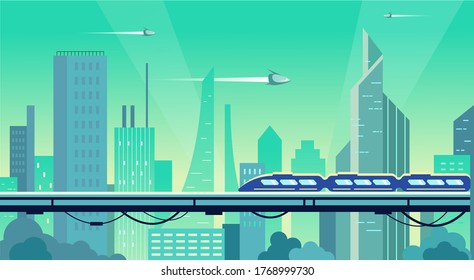 Smart City Landscape Of The Future Vector Concept Illustration In Flat Style. City Urban Skyline With Modern Technologies And Self-driving Cars. Future Infrastructure And Transportation.