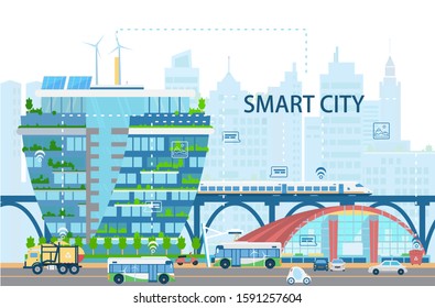 Smart city landscape with modern buildings, bullet train, electro buses and cars, sunbatteries, network of things, icons. City of future concept. Flat vector illustration.