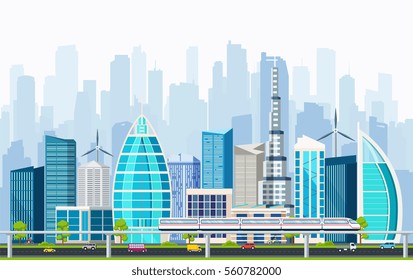 Smart city with large modern buildings and transport interchange. Business internet concept city life.