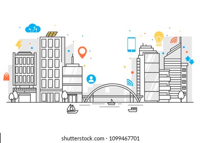 Smart City In Line Art With Colorfull Icons. Concept Of Internet Of Things And Another Future Technologies For People. Vector Flat Illustration