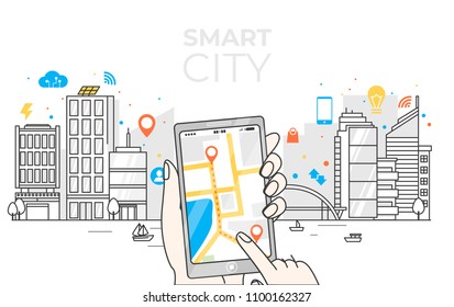 Smart City In Line Art With Colorfull Icons. Concept Of Internet Of Things And Another Future Technologies For People. Vector Flat Illustration