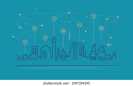 Concepto de línea de ciudad inteligente. Iconos de servicios inteligentes. Red de comunicación inalámbrica. Ilustración del vector 
