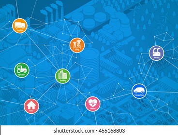 smart city line drawing illustration with various technological icons, futuristic cityscape and modern lifestyle, smart gird, IoT(Internet of Things), ICT(Information Communication Technology)