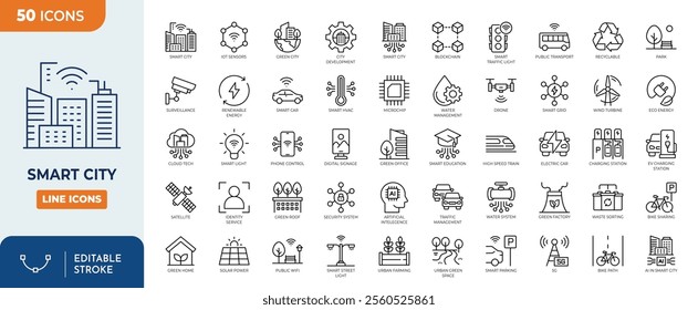 Smart City line editable icon set. Smart city icon set contains : infrastructure efficiency tech, future digital urban, autonomous building, etc.