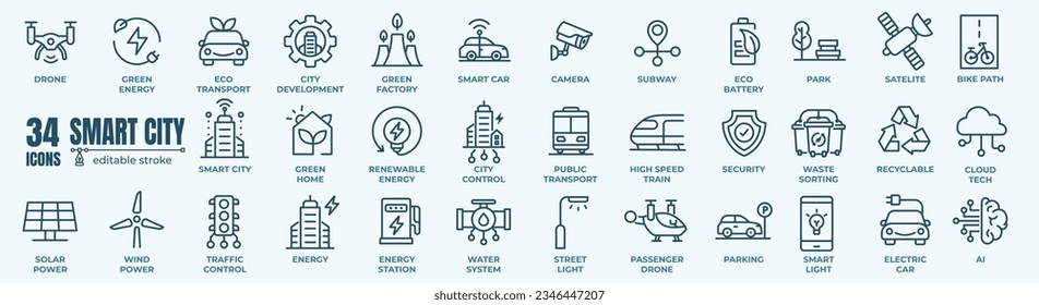 Smart city line icon set with infrastructure efficiency tech, future digital urban, autonomous building, information  communication technology ICT