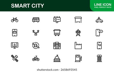 Smart City Line Icon Set – Símbolos modernos, mínimos y profesionales de ciudades inteligentes que representan innovación urbana, movilidad, infraestructura y servicios digitales