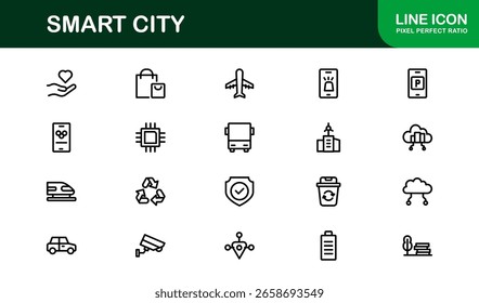 Smart City Line Icon Set – Símbolos modernos, mínimos y profesionales de ciudades inteligentes que representan innovación urbana, movilidad, infraestructura y servicios digitales