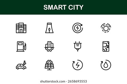 Smart City Line Icon Set – Modern, minimal, and professional smart city symbols representing urban innovation, mobility, infrastructure, and digital services