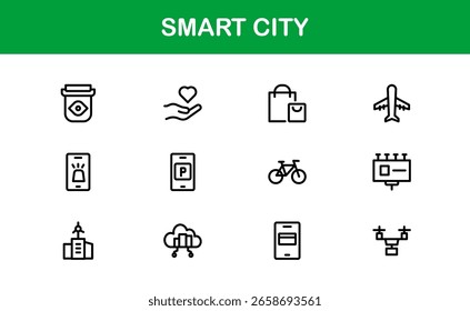Smart City Line Icon Set – Modern, minimal, and professional smart city symbols representing urban innovation, mobility, infrastructure, and digital services