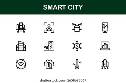 Smart City Line Icon Set - Moderne, minimale und professionelle Smart City Symbole für städtische Innovation, Mobilität, Infrastruktur und digitale Dienstleistungen