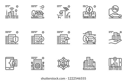 Smart City Line Icons Set. Intelligent Urbanism, Interactivity Of Urban Services, Electric Public Transport, Emissions Reduction. Editable Stroke. 48x48 Pixel Perfect.