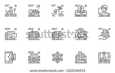 Smart City Line Icons Set. Intelligent Urbanism, Interactivity Of Urban Services, Electric Public Transport, Emissions Reduction. Editable Stroke. 48x48 Pixel Perfect.