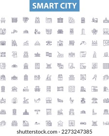 Smart city line icons, signs set. Smart, City, Intelligent, Connected, Sustainable, Automated, Innovative, Future, Technology outline vector illustrations.