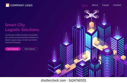 Smart city logistic solutions isometric landing page. Drone delivery cargo on conveyor belt at modern neon buildings. Goods transportation export and import service 3d vector illustration, web banner