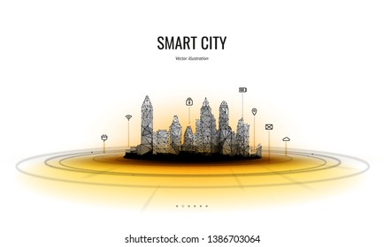 Smart city low poly wireframe on white background.City hi tech abstract or metropolis. Infographic automation system business concept.Polygonal space low poly with connected dots and lines