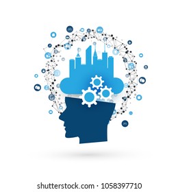 Smart City, Machine Learning, Artificial Intelligence, Cloud Computing and Networks Design Concept with Icons and Human Head