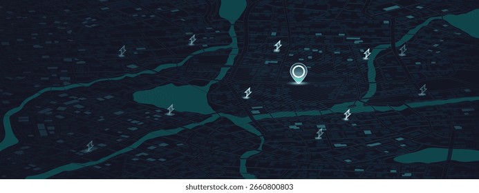 Smart city map with electric charging network and connectivity. Conceptual vector illustration of modern technology and power distribution. Vector illustration