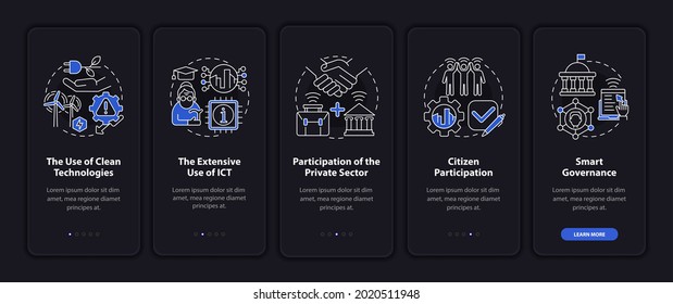 Intelligente City-Methoden auf dem mobilen App-Bildschirm. Intelligente Governance durch 5 Stufen grafische Anleitungen mit Konzepten. UI, UX, GUI-Vektorvorlage mit linearen Nachtmodi-Illustrationen