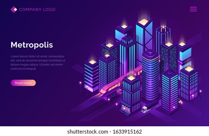 Smart city metropolis isometric landing page, futuristic town with subway train transport and cars riding among tall skyscraper buildings on neon glowing background. Vector illustration, web banner