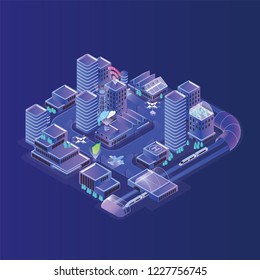 Smart city model. Modern urban area, district with electronically managing traffic, efficient energy consumption, community services controlling through wi-fi. Creative isometric vector illustration.