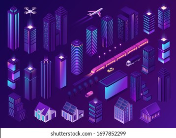 Smart city with modern buildings, technologies and transport. Vector isometric illustration of urban infrastructure with skyscrapers, houses and office buildings, cars, train and airplane