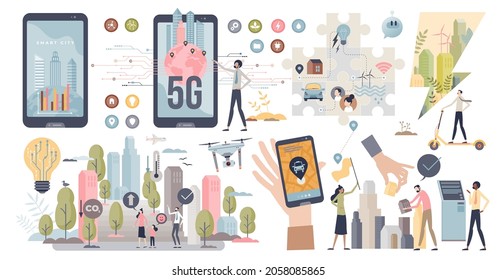 Smart city as modern and sustainable environment tiny person collection set. Urban metropolis society elements with green wind energy and 5G network options vector illustration. Efficient services.