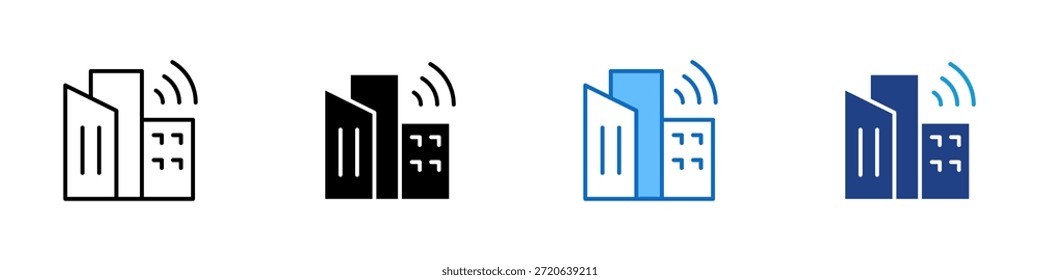 Smart City Multiple Style Icon Design Vector - Stadtgebäude mit drahtlosen Signalleitungen, die intelligente Technologie, Innovation und urbane Konnektivität repräsentieren